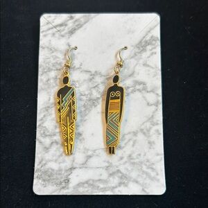 Vintage Laurel Burch Tribal Man Woman Cloisonne Dangle Earrings
